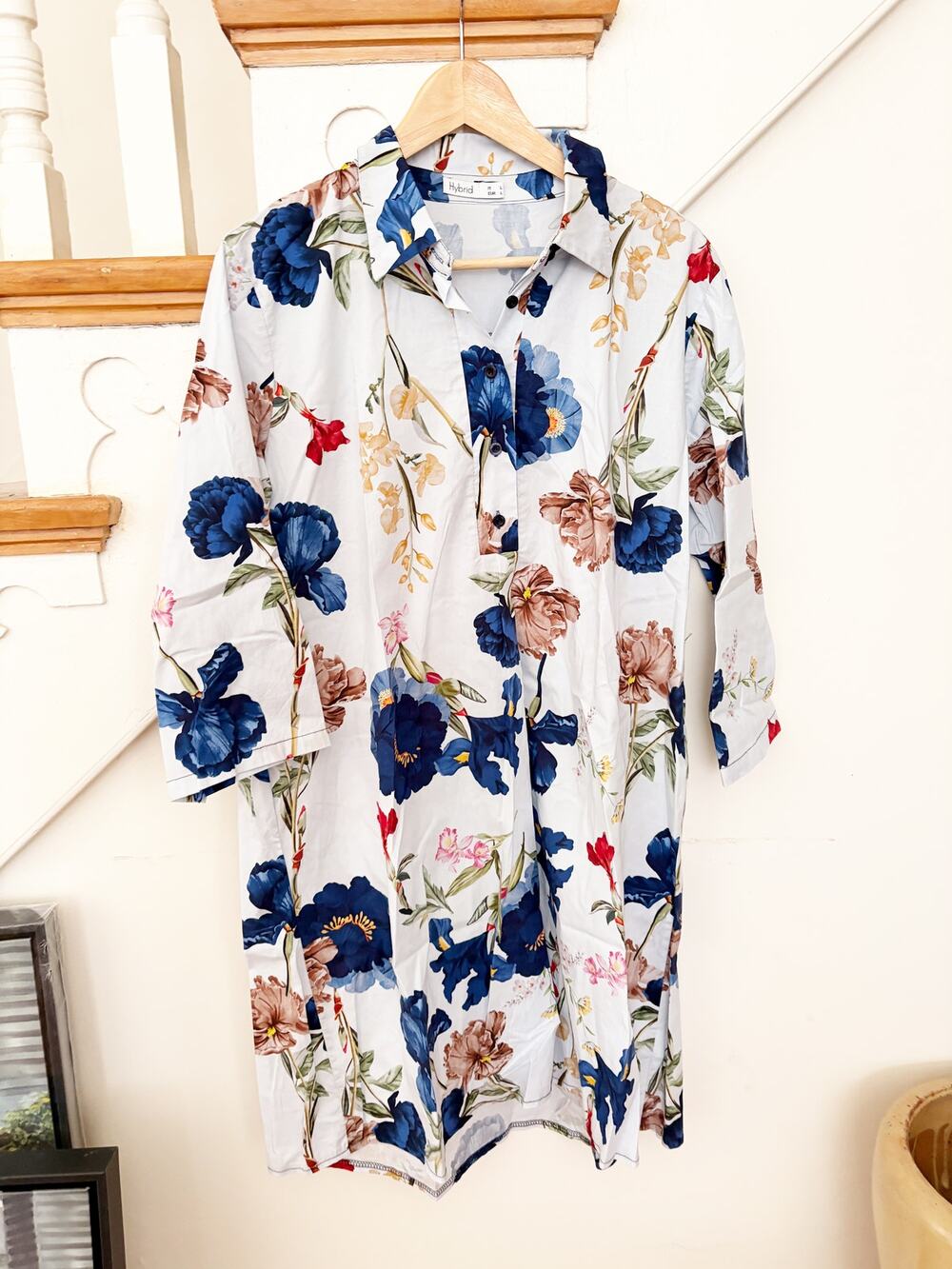Hybrid Made in Italy Floral Shirt Dress Tunic Blue Cotton Stretch Size L